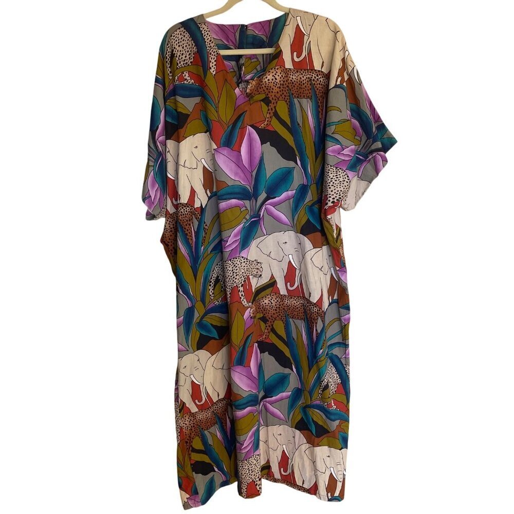 Vintage Womens Dress One Size Multicolor Tropical Jungle Print Caftan Cotton